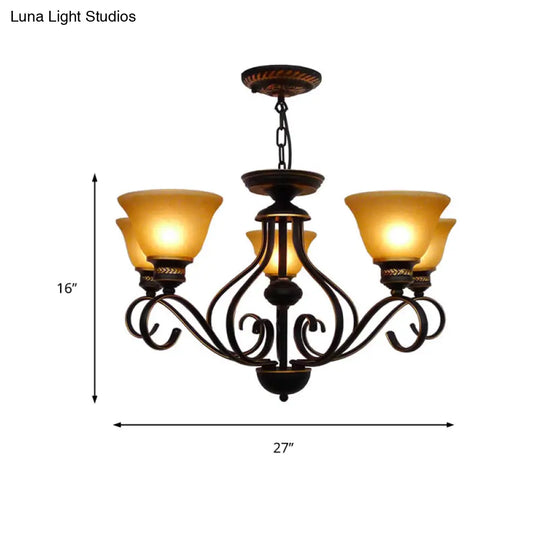 Traditional 5-Light Beige Frosted Glass Chandelier: Black Bell Pendant Fixture