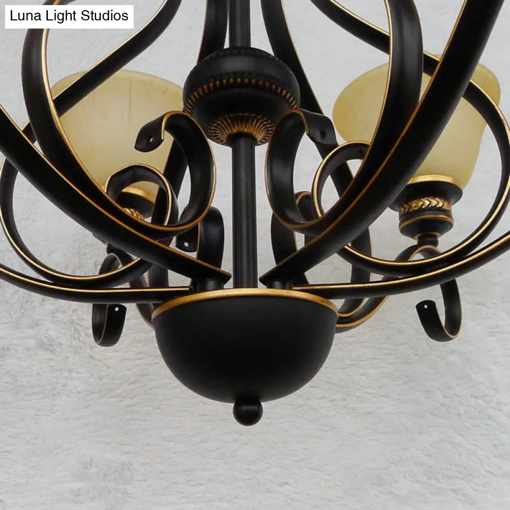Traditional 5-Light Beige Frosted Glass Chandelier: Black Bell Pendant Fixture