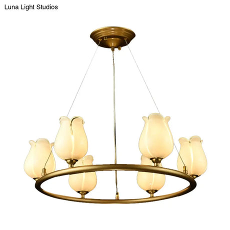 Traditional 6-Light Wagon Wheel Led Chandelier With Glass Shades