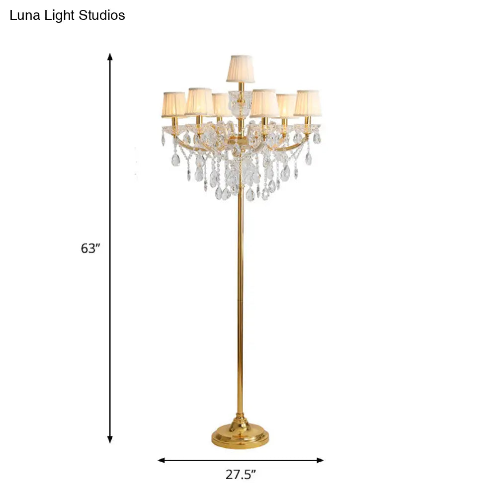 Traditional 7-Head Fabric Pleated Floor Lamp In Gold With Crystal Accent - Perfect For Living Room