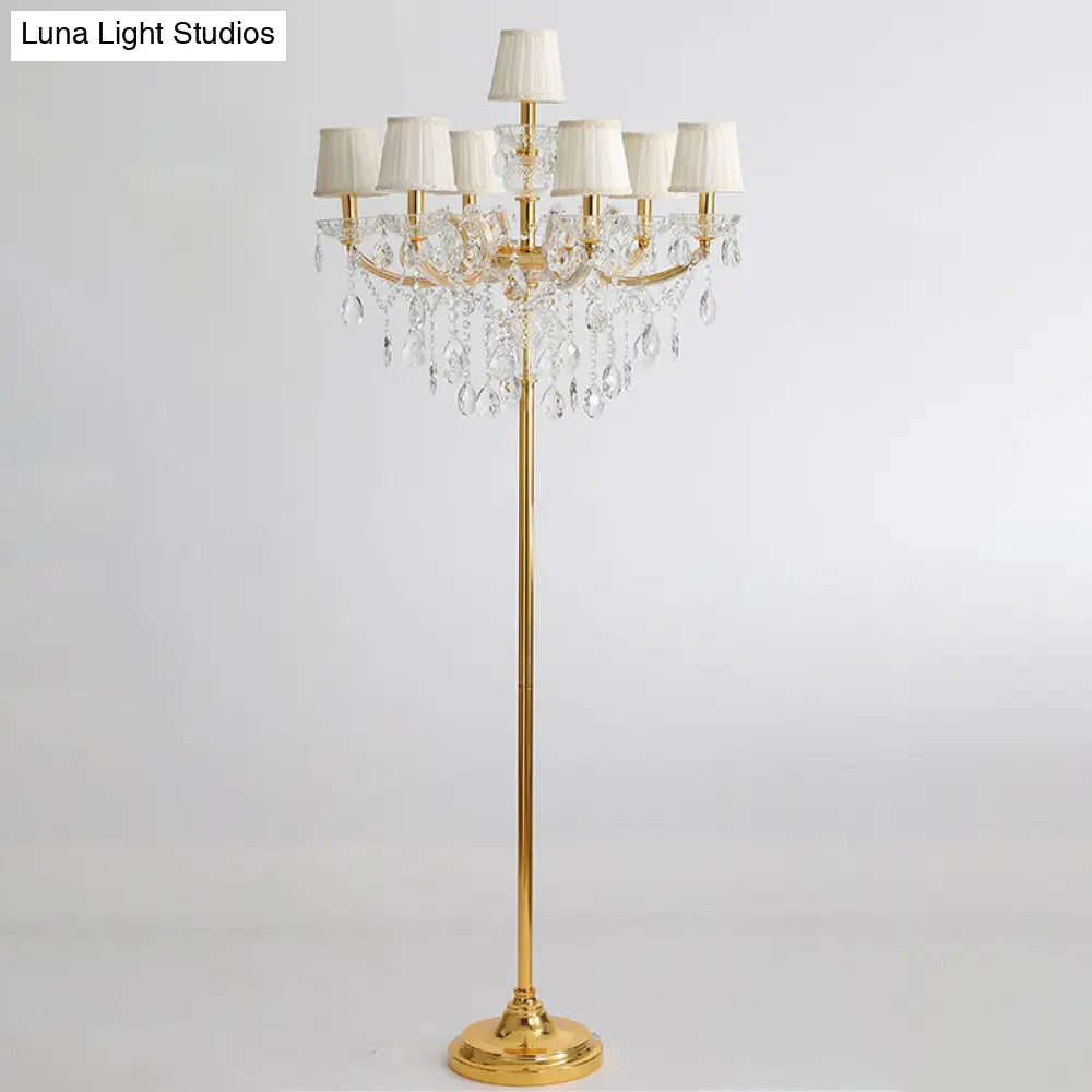 Traditional 7-Head Fabric Pleated Floor Lamp In Gold With Crystal Accent - Perfect For Living Room