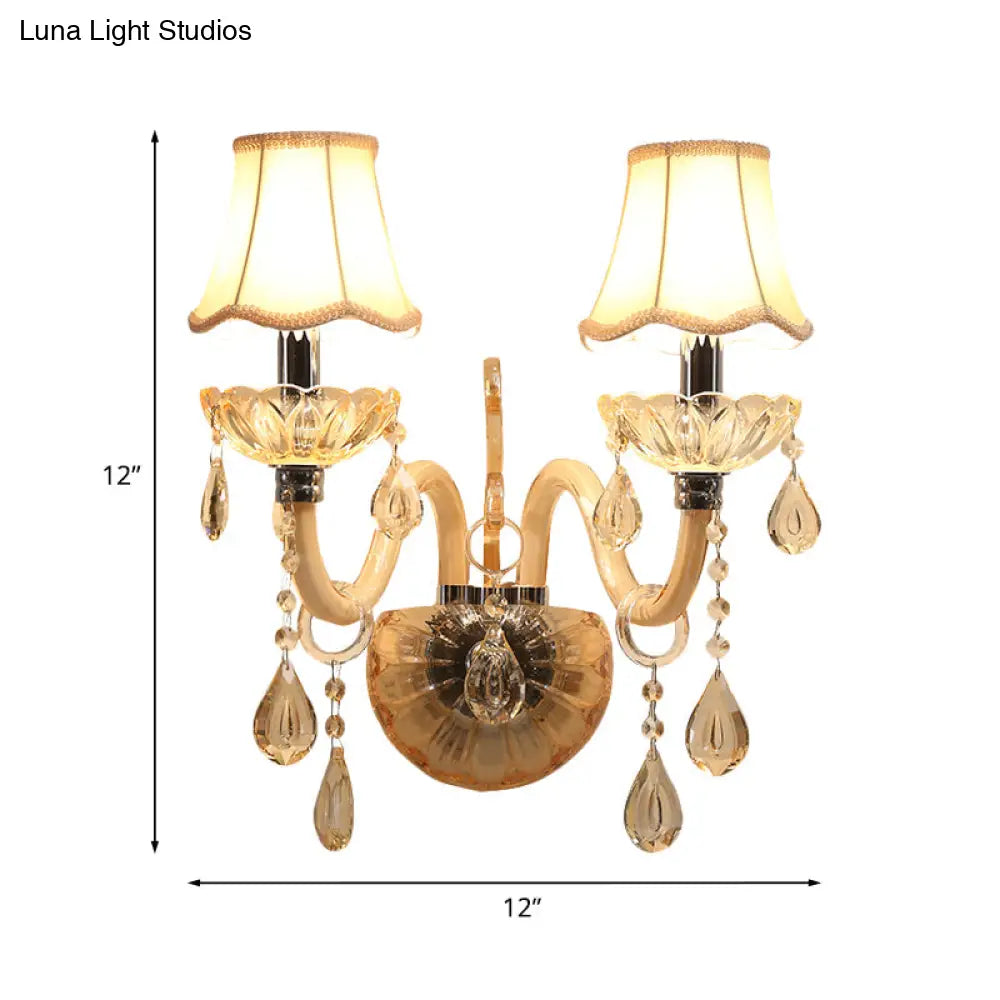 Traditional Amber Glass Candle Wall Sconce With Scalloped Fabric Shade - Bedroom Lighting