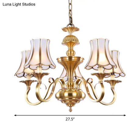Traditional Bedroom Chandelier Light With Frosted Glass Shades - Polished Brass Finish 3/5/6 Lights
