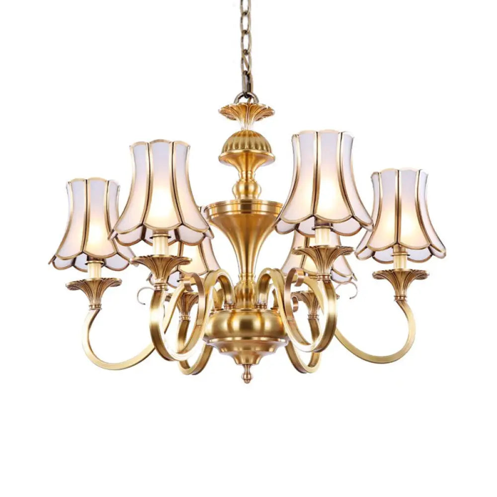 Traditional Bedroom Chandelier Light With Frosted Glass Shades - Polished Brass Finish 3/5/6 Lights