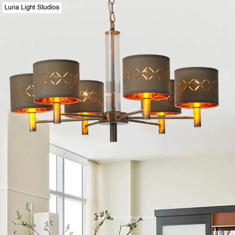 Traditional Bedroom Pendant Light With Drum Fabric Shade - 6/8 Bulbs Ceiling Lamp In Brown
