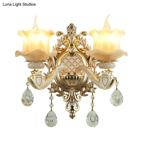 Traditional Beige Flower Wall Sconce With Crystal Drop For Hallways - Jade Light