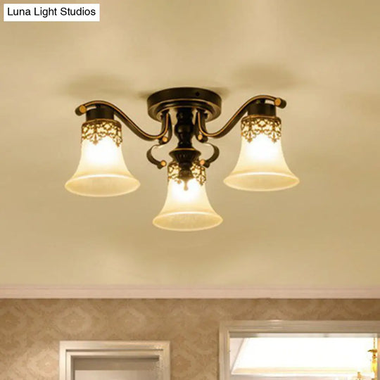 Traditional Beige Glass Bell Semi Flush Ceiling Chandelier In Black For Living Rooms 3 /