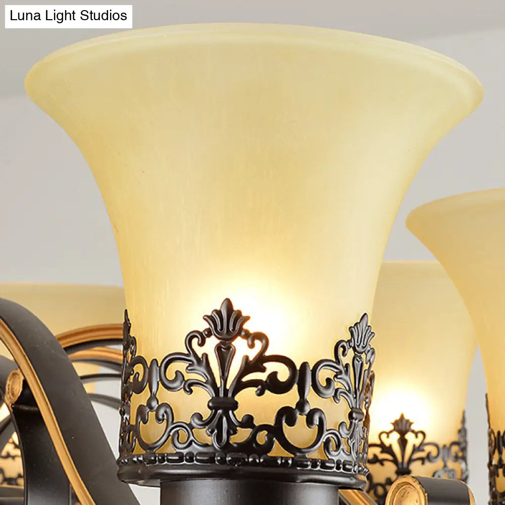 Traditional Bell Frosted Glass Chandelier Pendant Light For Living Room - Black 3/6/8 Lights