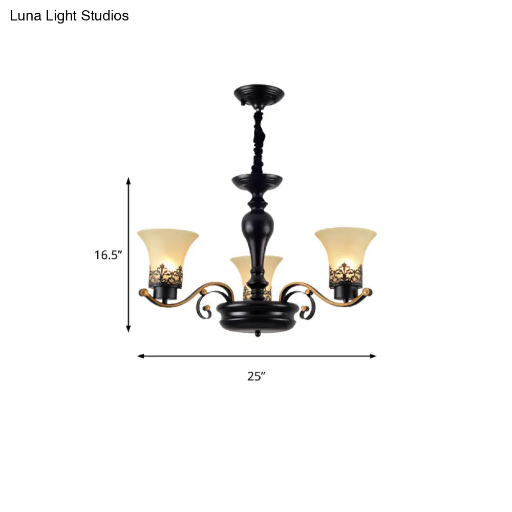 Traditional Bell Frosted Glass Chandelier Pendant Light For Living Room - Black 3/6/8 Lights
