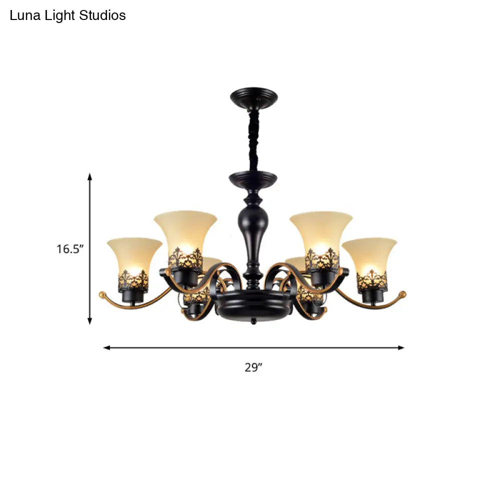 Traditional Bell Frosted Glass Chandelier Pendant Light For Living Room - Black 3/6/8 Lights