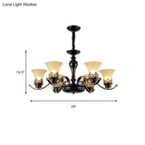Traditional Bell Frosted Glass Chandelier Pendant Light For Living Room - Black 3/6/8 Lights