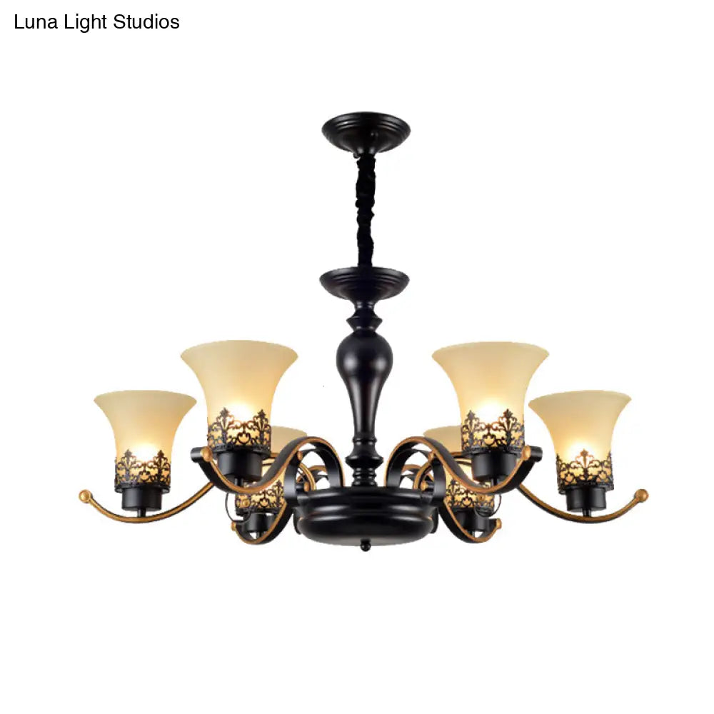Traditional Bell Frosted Glass Chandelier Pendant Light For Living Room - Black 3/6/8 Lights
