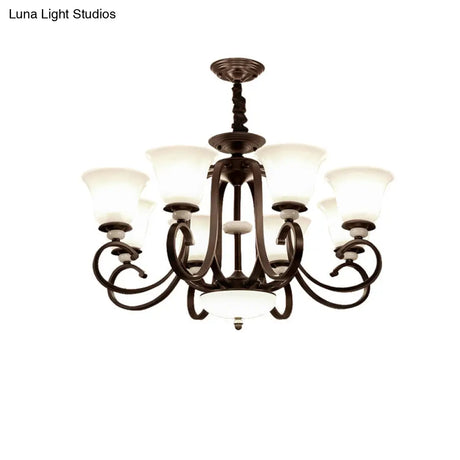 Traditional Bell Pendant Light: 3/6/8 Lights Frosted Glass Dark Coffee Finish