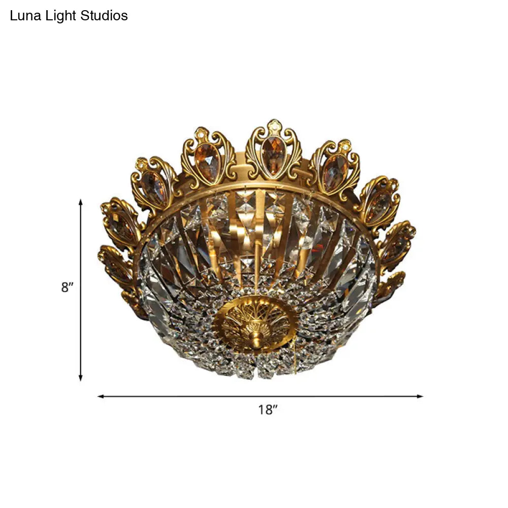 Traditional Beveled Crystal Bowl Flush Mount Ceiling Lamp With 4 Brass Heads For Bedroom Lighting
