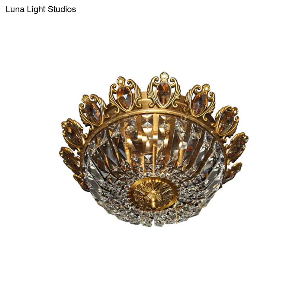 Traditional Beveled Crystal Bowl Flush Mount Ceiling Lamp With 4 Brass Heads For Bedroom Lighting
