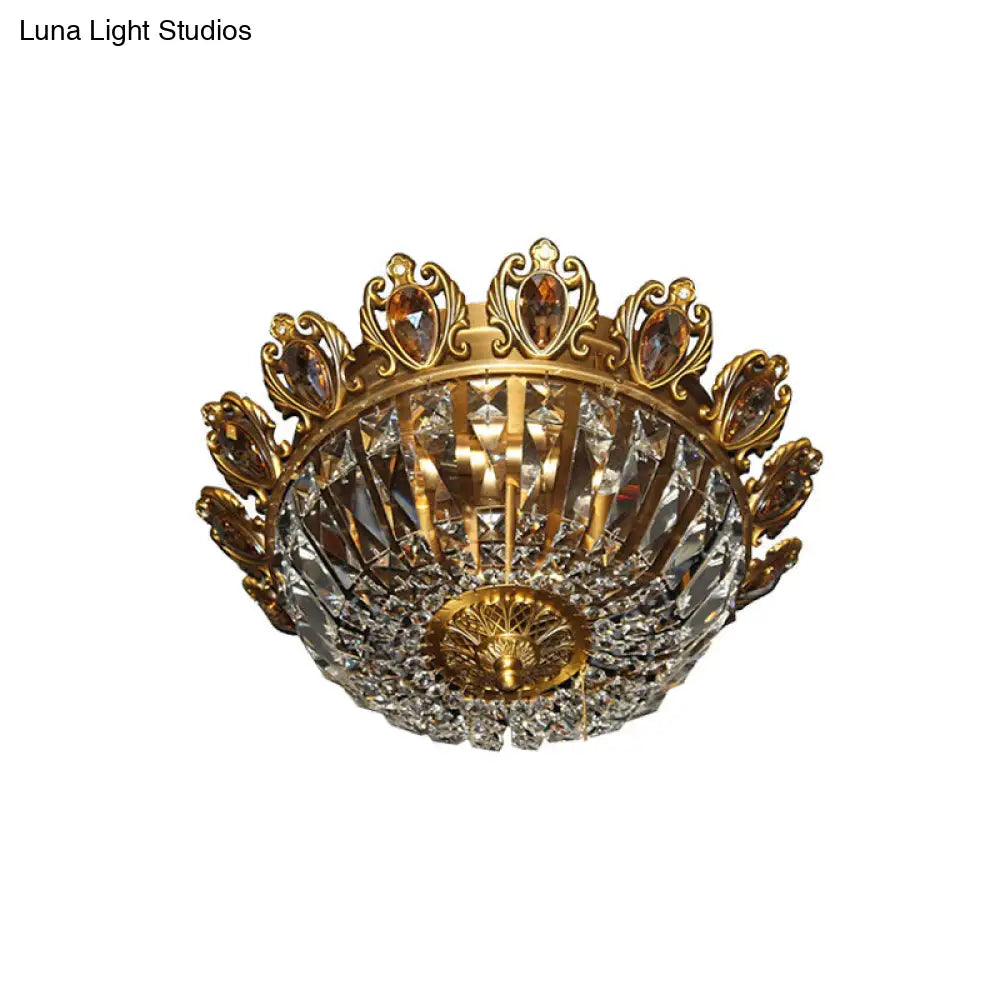 Traditional Beveled Crystal Bowl Flush Mount Ceiling Lamp With 4 Brass Heads For Bedroom Lighting