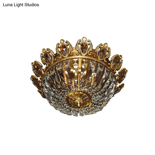 Traditional Beveled Crystal Bowl Flush Mount Ceiling Lamp With 4 Brass Heads For Bedroom Lighting