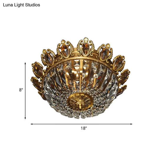 Traditional Beveled Crystal Bowl Flush Mount Ceiling Lamp With 4 Brass Heads For Bedroom Lighting