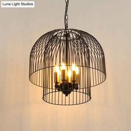 Traditional Black 6-Light Chandelier Pendant Lamp - Metal Wire Cage Fixture For Living Room
