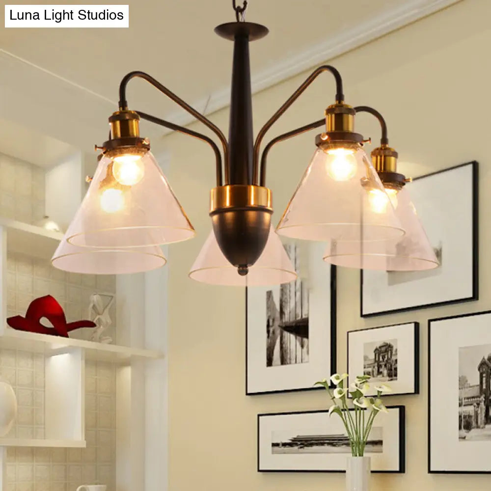 Traditional Black And Gold 3/5/6-Light Conical Chandelier Pendant With Clear Glass Shade