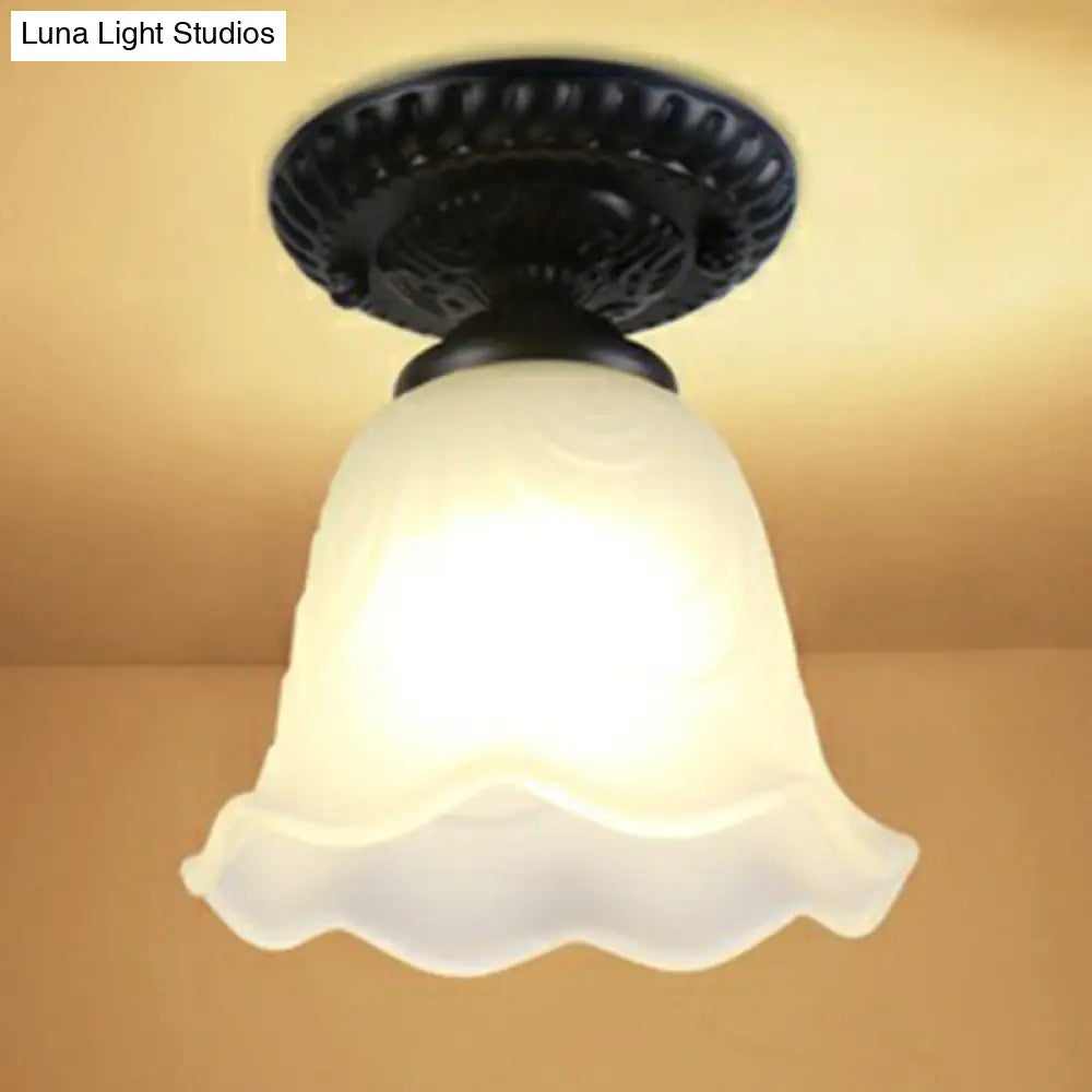 Traditional Black Bell Semi Flush Ceiling Light Fixture With Frosted Glass - 1 - Light