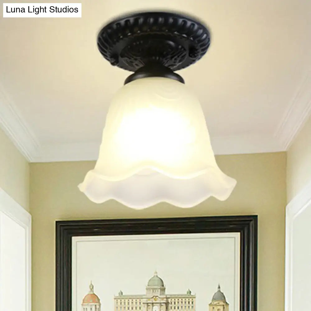 Traditional Black Bell Semi Flush Ceiling Light Fixture With Frosted Glass - 1 - Light / A