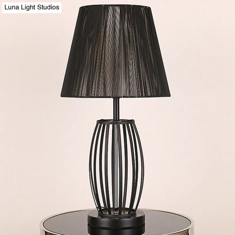 Traditional Black Bucket Table Lamp For Bedroom Nightstand - Single Head Fabric Shade With Wire Cage