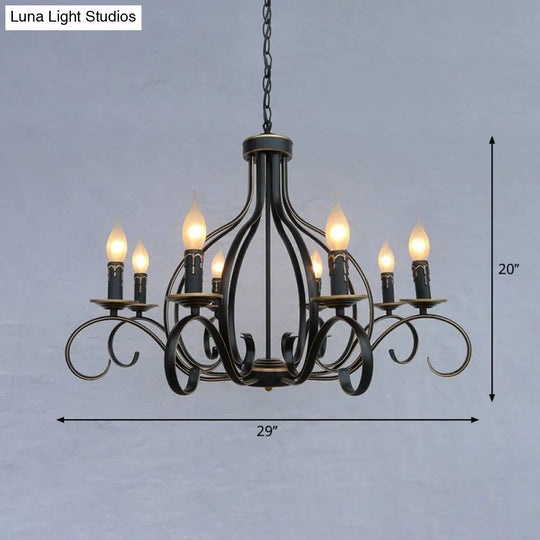 Traditional Black Candle-Style Chandelier - 8-Light Metal Hanging Pendant For Living Room