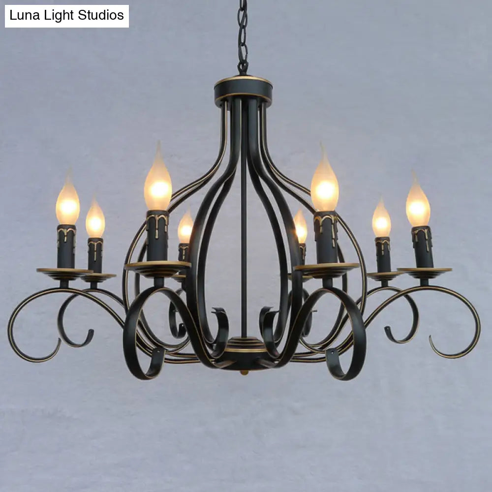 Traditional Black Candle-Style Chandelier - 8-Light Metal Hanging Pendant For Living Room