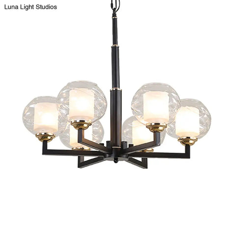 Traditional Black Ceiling Lamp - 3/6/8 Bulbs Clear Textured Glass Living Room Pendant Light