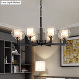 Traditional Black Ceiling Lamp - 3/6/8 Bulbs Clear Textured Glass Living Room Pendant Light