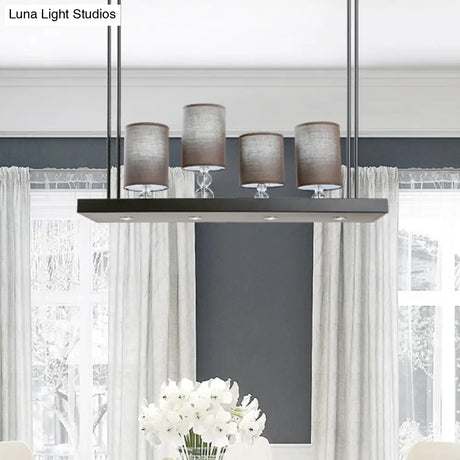 Traditional Black Cylinder Island Light Fixture: Fabric Pendant With Metal Linear Shelf - 4-Bulb