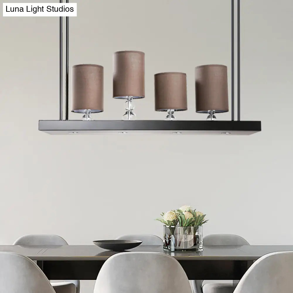 Traditional Black Cylinder Island Light Fixture: Fabric Pendant With Metal Linear Shelf - 4-Bulb
