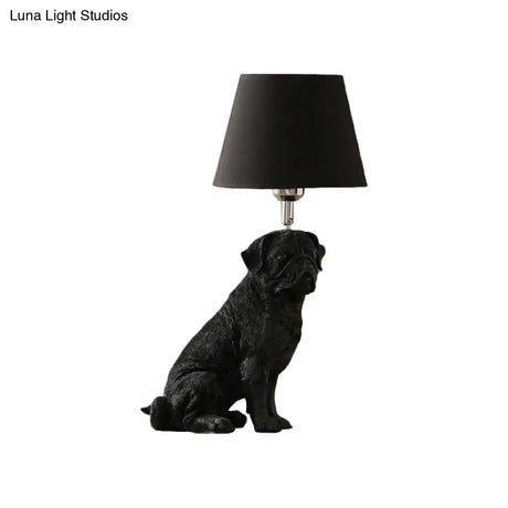 Traditional Black Drum Nightstand Lamp: Fabric Table Light With Resin Dog Base