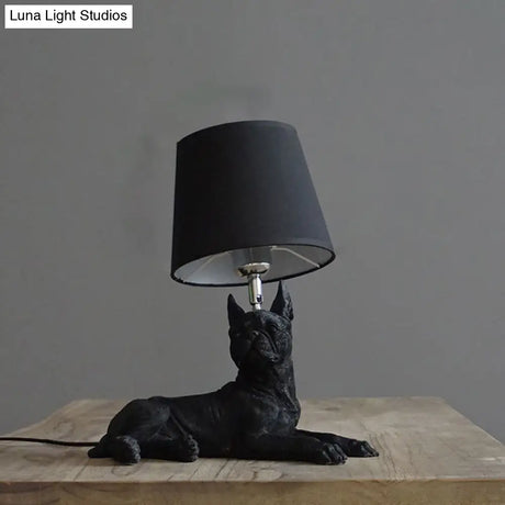 Traditional Black Drum Nightstand Lamp: Fabric Table Light With Resin Dog Base
