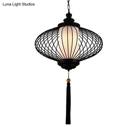 Traditional Black Fabric Lantern Pendulum Ceiling Lamp 12/14/16 Wide