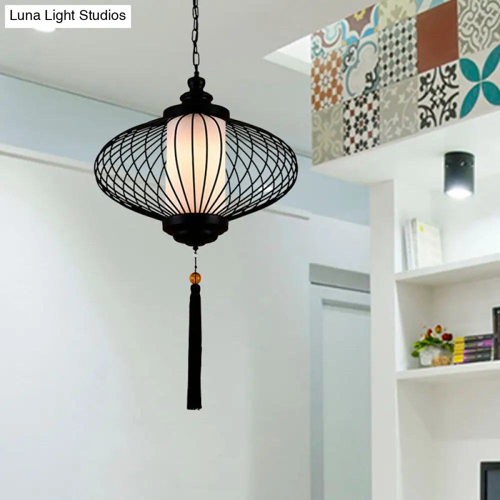 Traditional Black Fabric Lantern Pendulum Ceiling Lamp 12/14/16 Wide