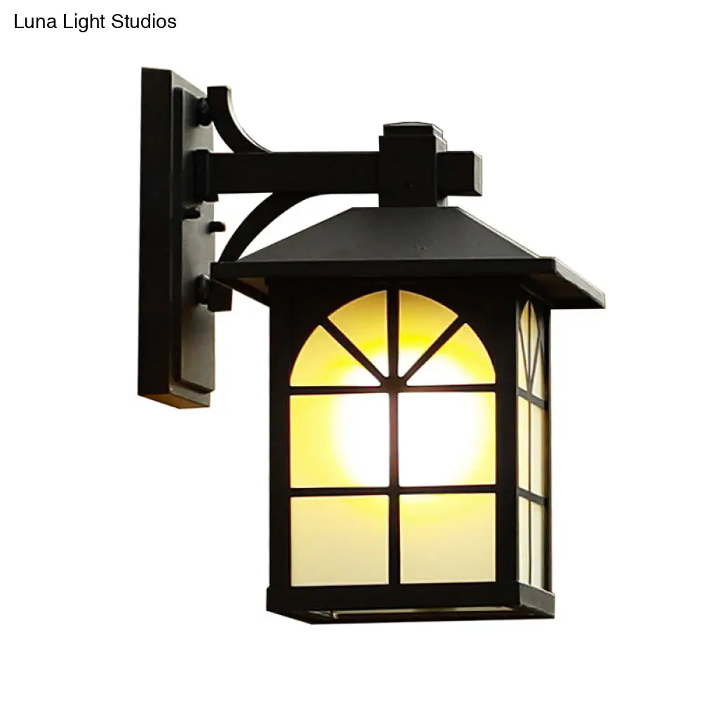 Traditional Black House Shaped Outdoor Wall Light With Opaque Glass Sconce - 1-Light Fixture