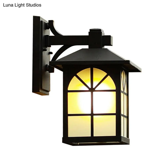 Traditional Black House Shaped Outdoor Wall Light With Opaque Glass Sconce - 1-Light Fixture