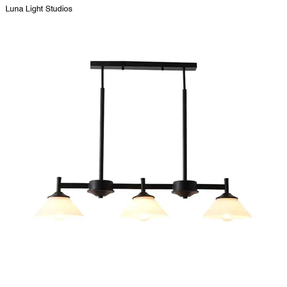 Traditional Black Island Light Fixture With 3 Frosted Glass Cone Pendants