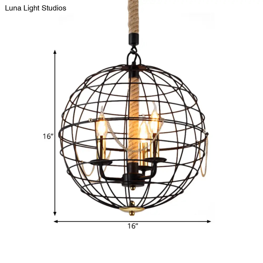 Traditional Black Metal Pendant Chandelier With Globe Cage - 3/4 Lights Ideal For Living Room