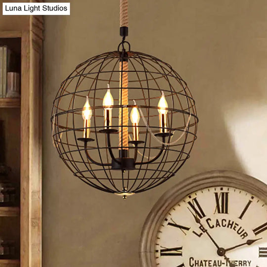 Traditional Black Metal Pendant Chandelier With Globe Cage - 3/4 Lights Ideal For Living Room