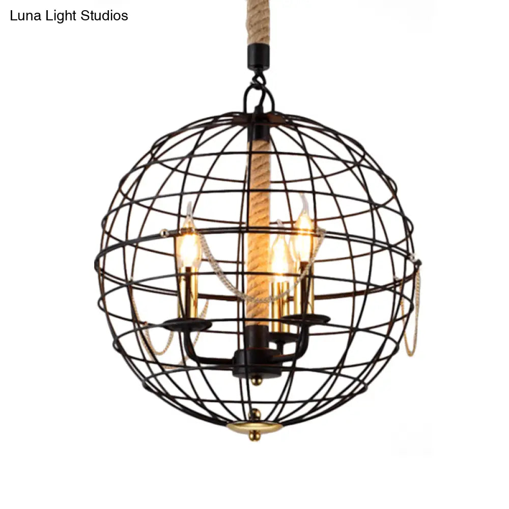 Traditional Black Metal Pendant Chandelier With Globe Cage - 3/4 Lights Ideal For Living Room