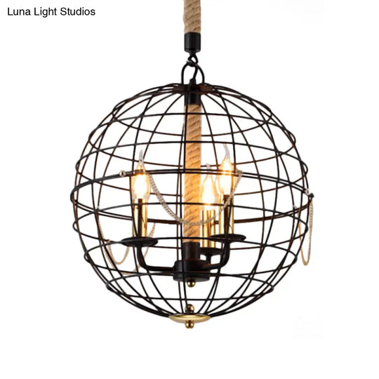 Traditional Black Metal Pendant Chandelier With Globe Cage - 3/4 Lights Ideal For Living Room