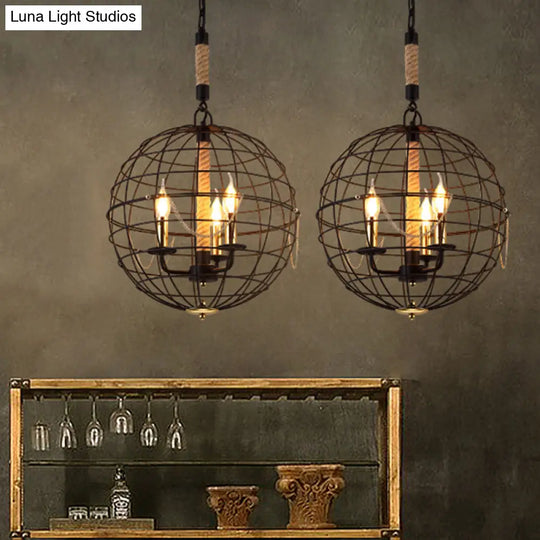Traditional Black Metal Pendant Chandelier With Globe Cage - 3/4 Lights Ideal For Living Room