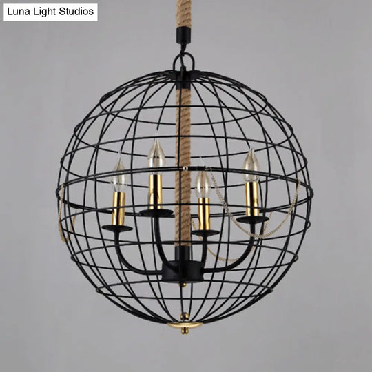 Traditional Black Metal Pendant Chandelier With Globe Cage - 3/4 Lights Ideal For Living Room