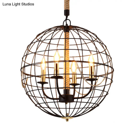 Traditional Black Metal Pendant Chandelier With Globe Cage - 3/4 Lights Ideal For Living Room