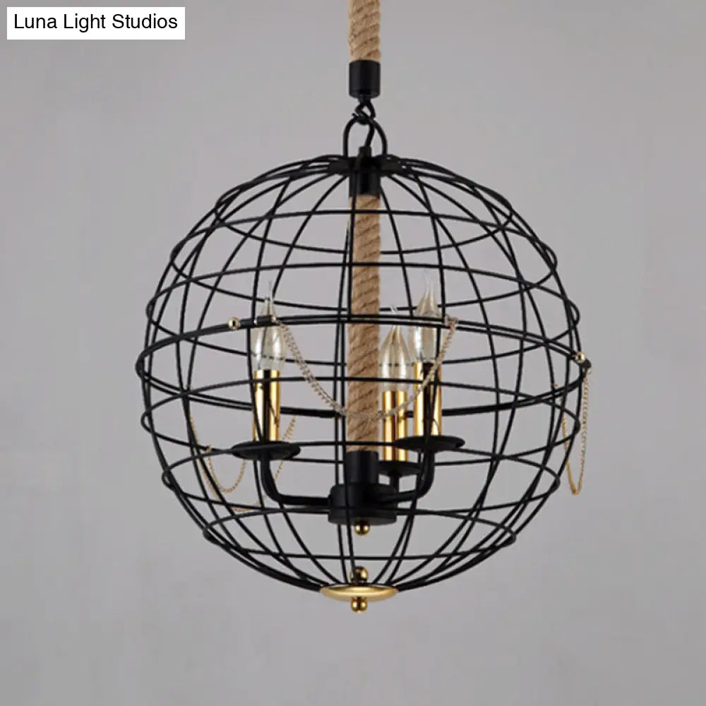 Traditional Black Metal Pendant Chandelier With Globe Cage - 3/4 Lights Ideal For Living Room