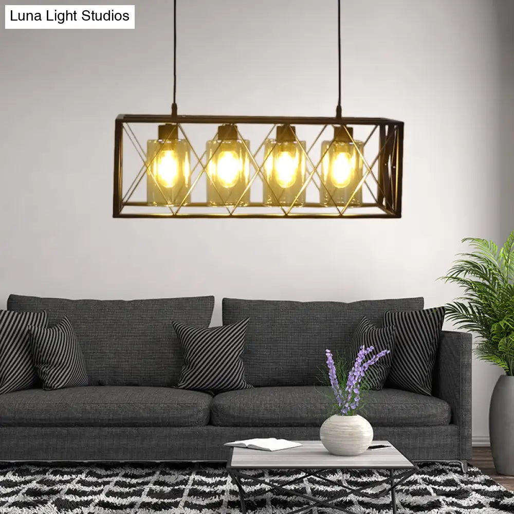 Traditional Black Metal Pendant Island Light With Cross Framed Box Design - Ideal For Dining Room