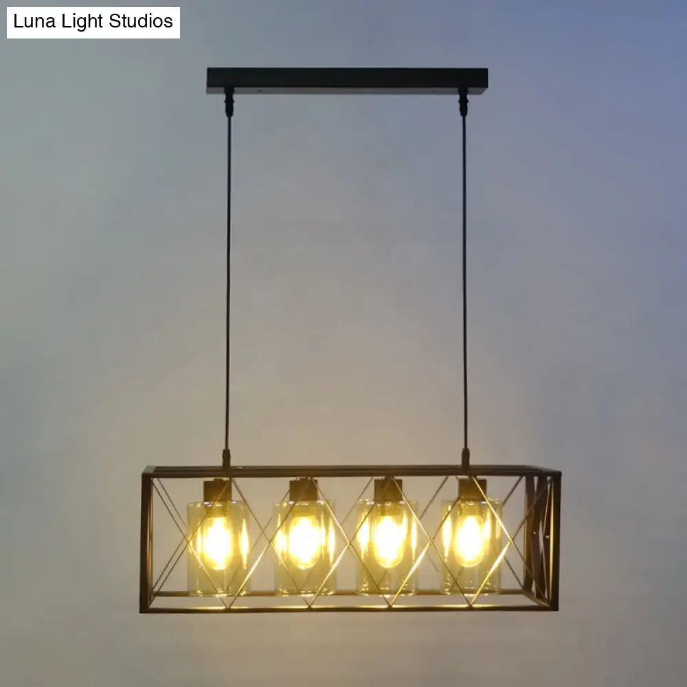 Traditional Black Metal Pendant Island Light With Cross Framed Box Design - Ideal For Dining Room